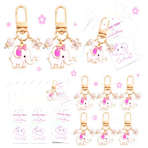BUYWUMORE 12 Sets Baby Shower Pink Elephant Keychains It's a Girl Return Favor for Guests with Flower Sweets White Organza Bags and Thank You Tags Elephant Theme Party for Kids Party Supplies (Girl)