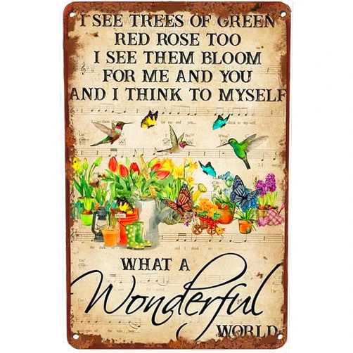 Graman Hummingbirds and Flowers What A Wonderful World Metal Tin Sign Retro Wall Decor Vintage Kitchen Baking Tin Sign for Home Wall Decor Gifts 8x12 Inch