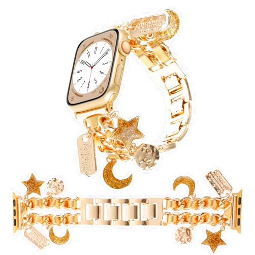 REALSIGN Stylish Metal Wristband Compatible with Apple Watch Band 38mm 40mm 41mm,Cuban Chain Bracelet with Star Moon Love Pendants Cute Strap for iWatch Series 9 8 7 6 5 4 3 SE Charms for Women(38/40/41MM,Star Moon Gold)