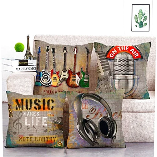 Geinne 4pack Music Style Throw Pillow Case Guitar bass Microphone Headset Theme Decorative Square Cotton Linen Cushion Cover for 18 X 18 Inch Pillow Inserts (Music)