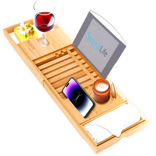 SereneLife Luxury Bamboo Bathtub Caddy Tray - Adjustable Natural Wood Bath Tub Organizer with Wine Holder, Cup Placement, Soap Dish, Book Space & Phone Slot for Spa, Bathroom & Shower - SLBCAD20