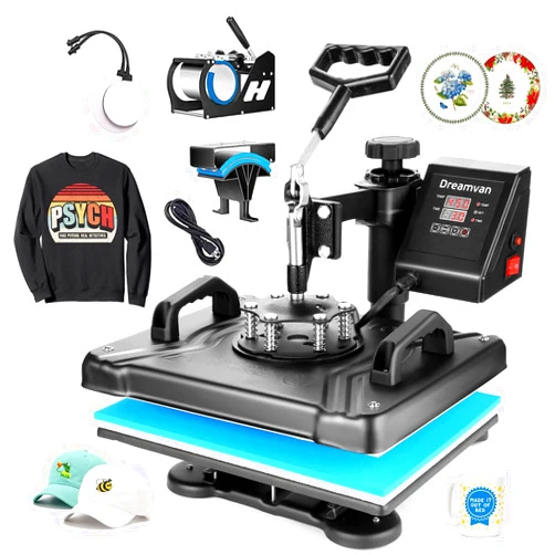 HIFRRUY 15x12 5 in 1 Heat Press Machine 360°Swing Away Powerpress Heat Press Printing Shirt Press Machine Multifunctional Heat Press Combo for Tshirt Hat Cap Mug Plate