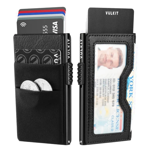 VULKIT Minimalist Wallet with ID Window & EDC Pocket Pop Up Card Holder RFID Blocking Slim Wallet Design for Airtag Cash Coins & Credit Cards