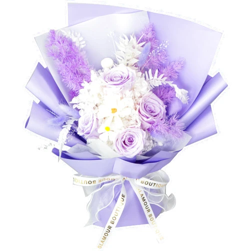 GLAMOUR BOUTIQUE Preserved Flowers Bouquet - Flowers Forever in a Box with Hydrangeas & More, Gift Ready for Anniversary, Birthday, Mother's Day, Long-Lasting 1-3 Years - Purple