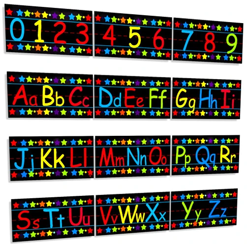 V VSANNSZ 12 Pcs Alphabet Bulletin Board Set, Self Adhesive Alphabet Strip,Rainbow Manuscript ABC Number 0-9 Line Wall Decorations for Preschool Kindergarten Classroom Playroom Bedroom (Black)
