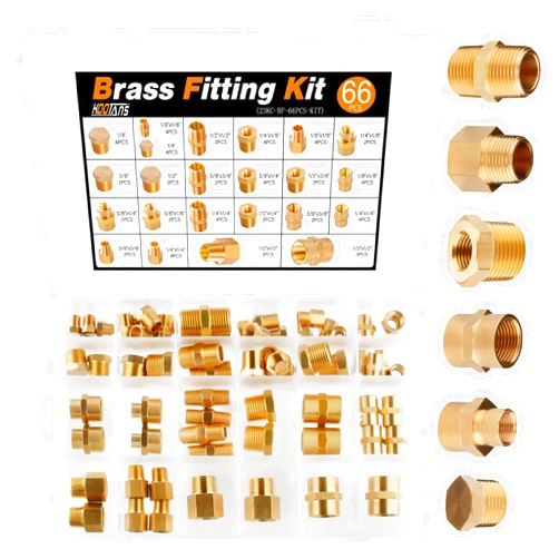 KOOTANS 66pcs Brass Pipe Fittings Assortment NPT Adapter Fitting, Reducer Bushing, Hex Nipple, Reducing Hex Coupling, Pipe Head Brass Plug Kit