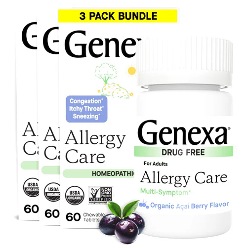 Genexa Allergy Care | Drug Free, Non-Drowsy Allergy & Decongestant Relief for Adults | Vegan & Non-GMO | Homeopathic Allergy Relief Made Clean | Organic Acai Berry Flavor | 180 Chewable Tablets