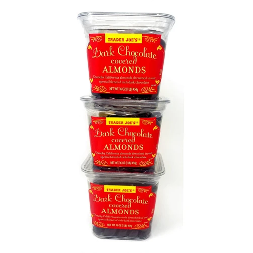 TJ's Trader Joes Dark Chocolate Covered Almonds - Pack of 3 Tubs - 16 oz per Tub