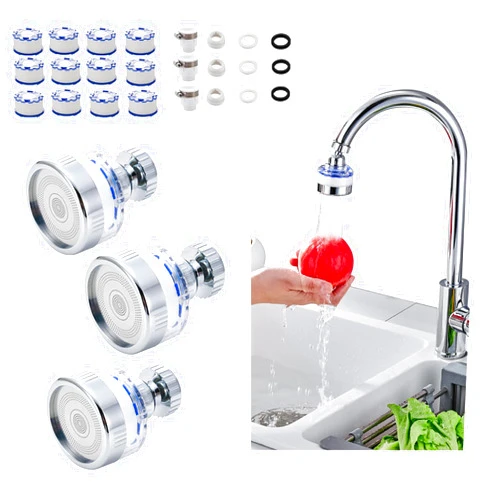 LAGWIUY 3PCS Sink Water Filter Faucet, Universal 360 ° Rotating Bathroom Sink Filter, Kitchen Faucet Water Filter Removes Chlorine Fluoride Heavy Metals Hard Water for Home Bathroom & Kitchen, w/Cartridges