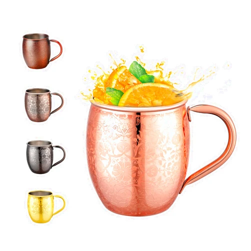 UNISWEET Moscow Mule Mugs - 18 Oz Copper-Plated Fine Craftsmanship Etched Mugs,304 Stainless Steel-Lined Mule Cups,For Cold Drinks, Beer, Wine, Bars, Parties