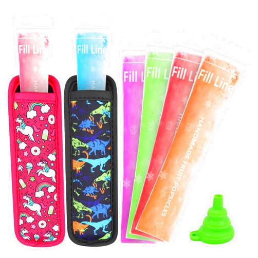 Amintiri 50 Disposable Ice Popsicle Mold Bag 2 Popsicle Holder, Freezer Tubes with Dual Zip Seals for Yogurt, Juice&Smoothies Snacks and Ice Pop Neoprene Anti Freezing Sleeves for Kids (Multicolor-1)
