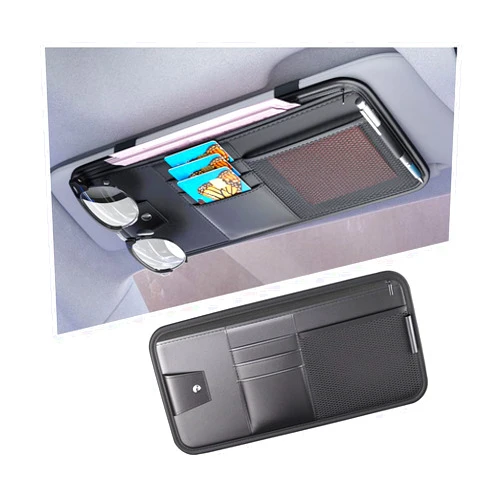 Mandark Car Sun Visor Organizer, PU Leather Vehicle Storage Pouch Holder with Multi-Pocket Zipper, Auto Interior Accessories for Sunglass Pen Document, Universal for SUV, Sedan, Truck (Black)