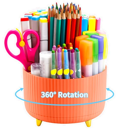 Marbrasse Desk Organizer, 360-Degree Rotating Pen Holder for Desk, Desk Organizers and Accessories with 5 Compartments Pencil Organizer, Art Supply Storage Box Caddy for Office, Home （Orange）