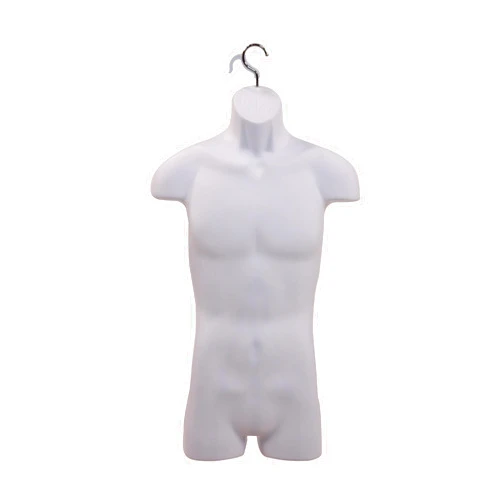 SSWBasics Male Molded Shatterproof White Shapely Torso Form With Hook - Fits Men's Sizes S-L - Hanging Mannequin Torso Fashion Form to Display Top and Bottom Merchandise - Shirt Mannequin Display for