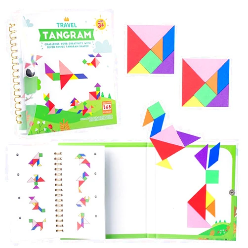 Vanmor Travel Tangram Puzzle with 2 Sets Magnetic Plate-Montessori Shape Pattern Blocks Jigsaw Road Trip Games with 368 Solution - IQ Book Educational Toy Brain Teaser Gift for Kids Adults Challenge