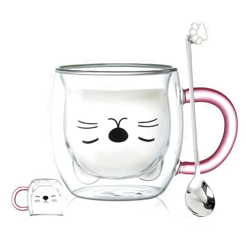 Binoster Purple Cat Mug Cute Mugs Glass Double Wall Insulated Glass Espresso Cup, Kawaii Cup, Coffee Cup, Tea Cup, Milk Cup, Best gift for Office and Personal Birthday Christmas (Purple Cat)
