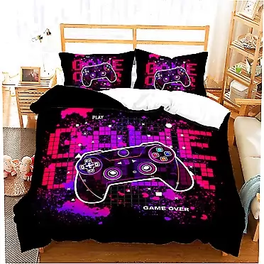 Ydtwnyq Gamepad Printed Duvet Cover,Gaming Theme Black Bedding Set for Kids,Pink Purple Gradient Pixel Wind Breathable Bedding,Fashion Printed Gifts of Room Décor-3 PCS Full/Queen Size Queen Multicolor04