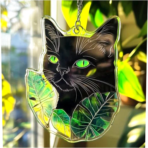 Fastpeace Black Cat in Plant Pot Acrylic Stained Glass Window Hanging Suncatcher, Unique Gifts for Black Cat Lover, Fantasy Decor