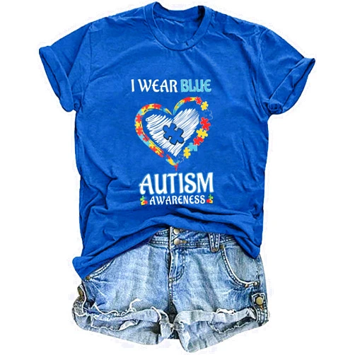 OJLPHH Autism Awareness Shirt Women I Wear Blue Teacher Shirts Autistim Acceptance Graphic T-Shirt Mental Health Tops