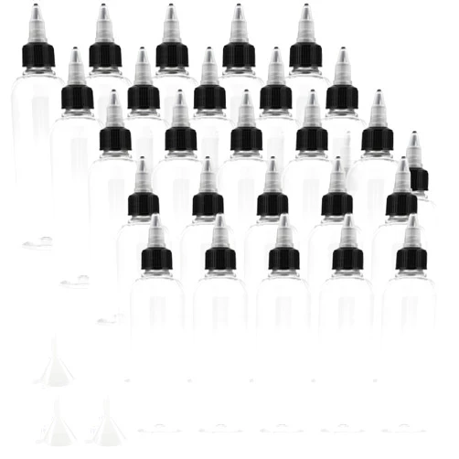 HOIGON 30 Pack 4oz Clear Dispensing Bottles, Plastic Squeeze Bottles with Twist Top Caps and Funnels, Empty Boston Squeeze Bottles for Condiments, Paint Pouring, Arts and Crafts