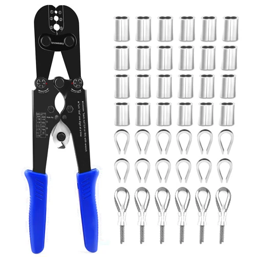 Knoweasy 2-in-1 Wire Rope Crimping and Cutting Tool, for 1/16-Inch to 1/8-Inch Cables, with 100pcs Aluminum Loop Sleeves and 50pcs M3 Thimbles - Comprehensive Rigging Solution