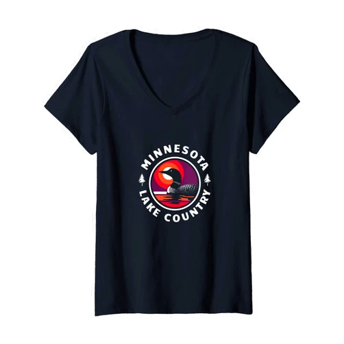 Minnesota Up North gifts from Cornett Studio Womens Minnesota Lake Country with Loon and Sunset V-Neck T-Shirt
