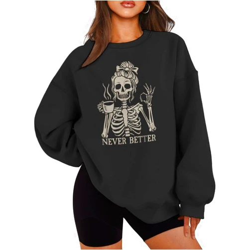 Generic Funny Skeleton Graphic Oversized Sweatshirts for Women Funny Skull & Coffee Print Long Sleeve Pullovers