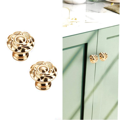 CcHhyyt 2 Pack Brass Cabinet Knobs Antique Floral Pattern Cupboard Knobs Metal Drawer Knobs Solid Brass Kitchen Hardware Gold Round Knobs Handles for Cabinet Drawer Wardrobe (Single Hole, 24K Gold)
