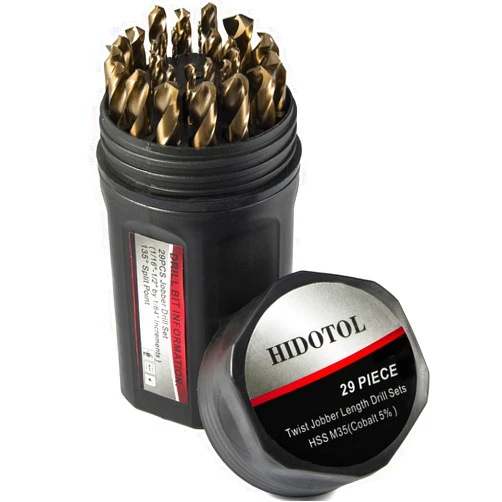 HIDOTOL Cobalt Drill Bit Set 29 PCS - M35 High Speed Steel Twist Jobber Drill Bits for Hardened Metal, Stainless Steel, Cast Iron, Plastic and Wood with Indexed Round Case,1/16