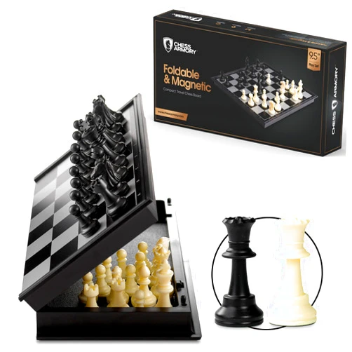Chess Armory Magnetic 9.5 Inches Travel Chess Set - Folding Board with Storage Box & 2 Extra Queen.