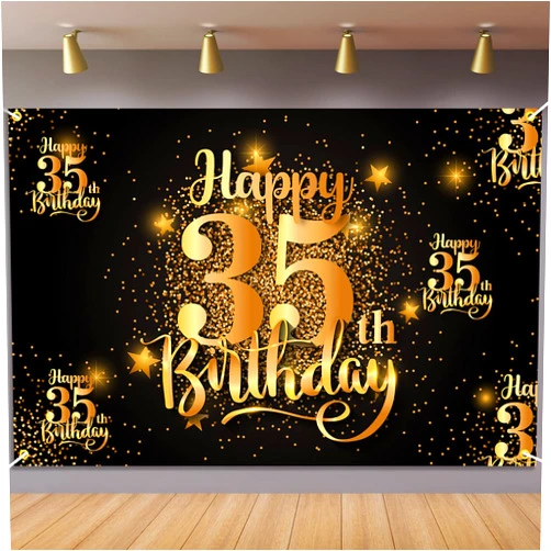 Mnixy Happy 35th Birthday Backdrop Banner Step and Repeat 35 Years Old Background Decorations for Women Men Her Him Photography Party Supplies Glitter Black Gold