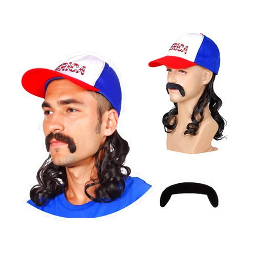 FantaLook Red White and Blue Mullet Black Wig with Mustache for Men 4th of July