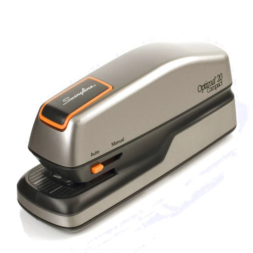 Swingline Electric Stapler, 20 Sheet Capacity, Optima 20, Jam Free, Compact, Automatic or Manual, Plug In or Battery, Orange and Gray (48207)