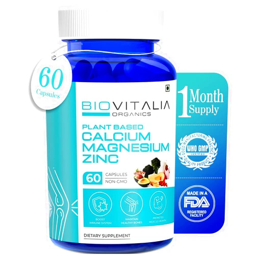 BIOVITALIA ORGANICS Biovitalia Plant Based Calcium Magnesium Zinc Capsules with Vitamin D3 K2 & B12 | Calcium Supplement Capsules for Men & Women for Muscle Growth | Bone Health & Joint Support - 60 Veg Capsules