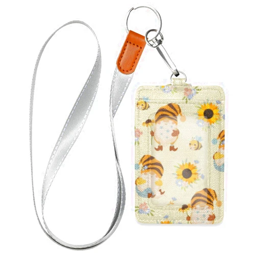 Linqin Badge Holder, Sunflowers and Honey Bees Gnomes PU Leather School College Business ID Badge Card Holder Wallet Case with 1 Clear Card Window, 2 Credit Card Slots and Detachable Neck Lanyard - Vertical