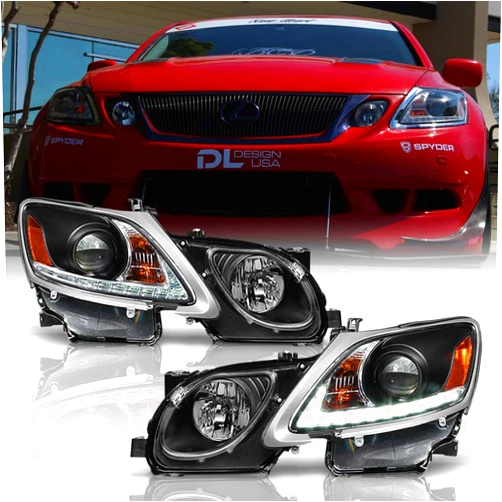 ACANII - For [HID/Xenon w/o AFS] 2006-2011 Lexus GS300 GS350 LED Strip Black Projector Headlights Headlamps Left+Right