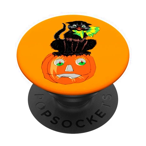 Vintage Black Cats Haunting Halloween Scary Black Cat Sitting On A Jack-o-lantern For Halloween PopSockets Grip and Stand for Phones and Tablets