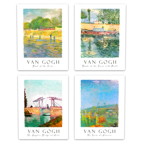 Wallbuddy Van Gogh Poster Set Room Aesthetic / Set of 4 River Paintings Set of Boat, Bridge on a River Crossing Famous Painting Cute Room Decor, Van Gogh Gift Art Print Classic Paintings Van Gogh Print(8x10)