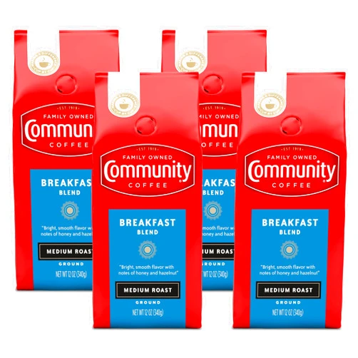 Community Coffee Breakfast Blend 12 Ounces, Medium Roast Ground Coffee, 12 Ounce Bag (Pack of 4)
