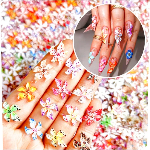 UEYRSEDB 50PCS Flower Nail Art Charms 3D Hawaii Flowers Nail Rhinestones Hibiscus Floral Nail Gems Colorful Flower Nail Diamonds Spring Summer Nail Jewelry Floral Nail Jewel for Women Acrylic Nail Supplies