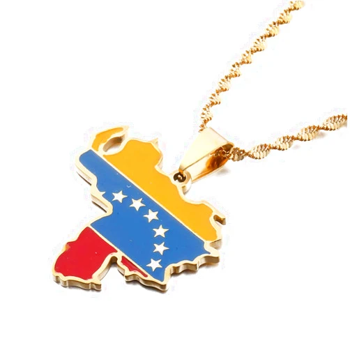 Huangshanshan Venezuela Map Flag Pendant Necklace Gold Color Jewelry Venezuelan Items (gold)