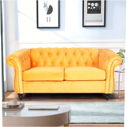 LEVNARY Velvet Sofa, Chesterfield Tufted Upholstered 2 Seater Couch, Modern Loveseat Couch Classic Furniture for Living Room Bedroom (Yellow)