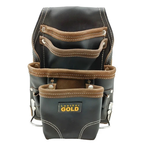 Leather Gold Heavy Duty Tool Pouch | Carpenters Tool Pouch 3150, Black, Oil-Tanned, 10 Pockets, 2 Hammer Holders, Reinforced Seams