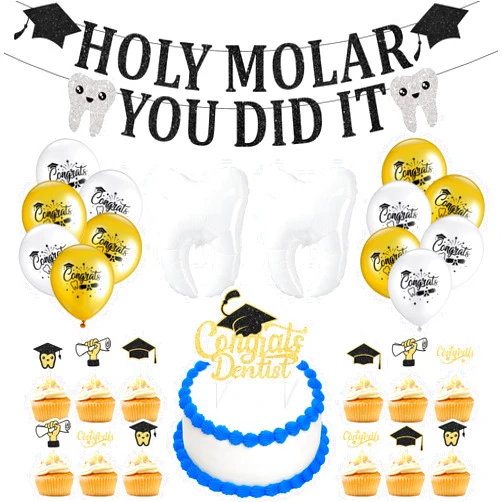 Colingmill 30 Pcs Dentist Graduation Party Decor 2025 Congrats RDH Dental Graduation Kit with Pull Flags Cake Sticks Tooth Balloon White Ribbon for Dental Student Future Dentist Party Supplies
