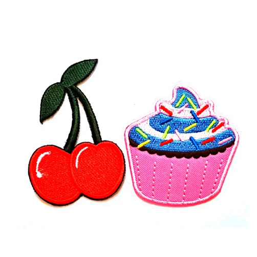NiPitShop Cartoon Patch Nipitshop Patches Set 2 Pcs Pink Cupcake Cake Bakery Cherry Cartoon Boho Retro Sew Sewing Applique Iron-on Patch Clothes Backpacks T-Shirt Jeans Skirt Vests Scarf Hat Bag