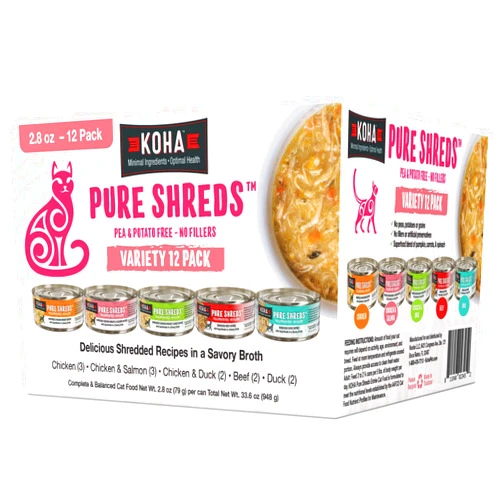 KOHA Pure Shreds Cat Variety Pack, High Protein Wet Cat Food - 5 Flavors - Beef, Duck, Chicken & Duck and Chicken & Salmon Food for Cats - 2.8 oz Cans, Pack of 12