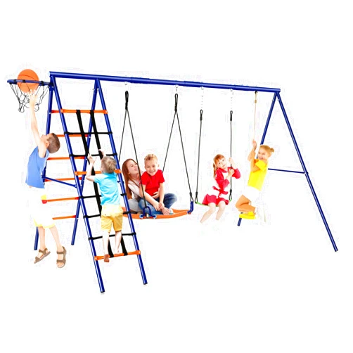 Soldow Kids Swing Sets for Backyard - 6 in 1 Metal Swingset Outdoor for Kids, Large Heavy Duty Playground Set with Stand Frame Platform Saucer Belt Rope Swings, Climbing Ladder Nets & Basketball Hoop