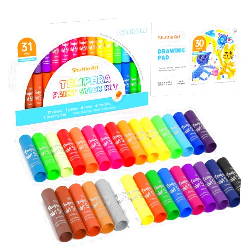 Shuttle Art Tempera Paint Sticks, 30 Colors Solid Tempera Paint for Kids with 1 Drawing Pad, Super Quick Drying, Non-Toxic, Works Great on Paper Wood Glass Ceramic Canvas