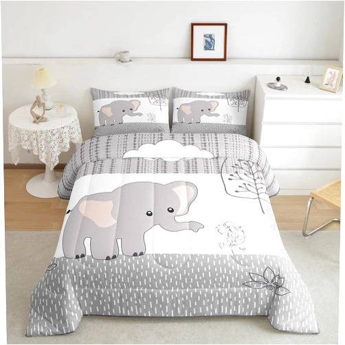Castle Fairy Cartoon Elephant Comforter Set Full Size,Kawaii Cute Wild Animal Bedding Comforters Bedroom Decor,Grey White Tree Cloud Flower Duvet Set with 2 Pillowcases,for Girls Teens