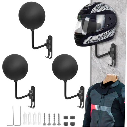 VUAOHIY Motorcycle Helmet Rack, Helmet Holder Wall Mount 180° Rotation Hanger with 2 Hook for Coats, Caps, Motorcycle Accessories (Black, 3 PCS)